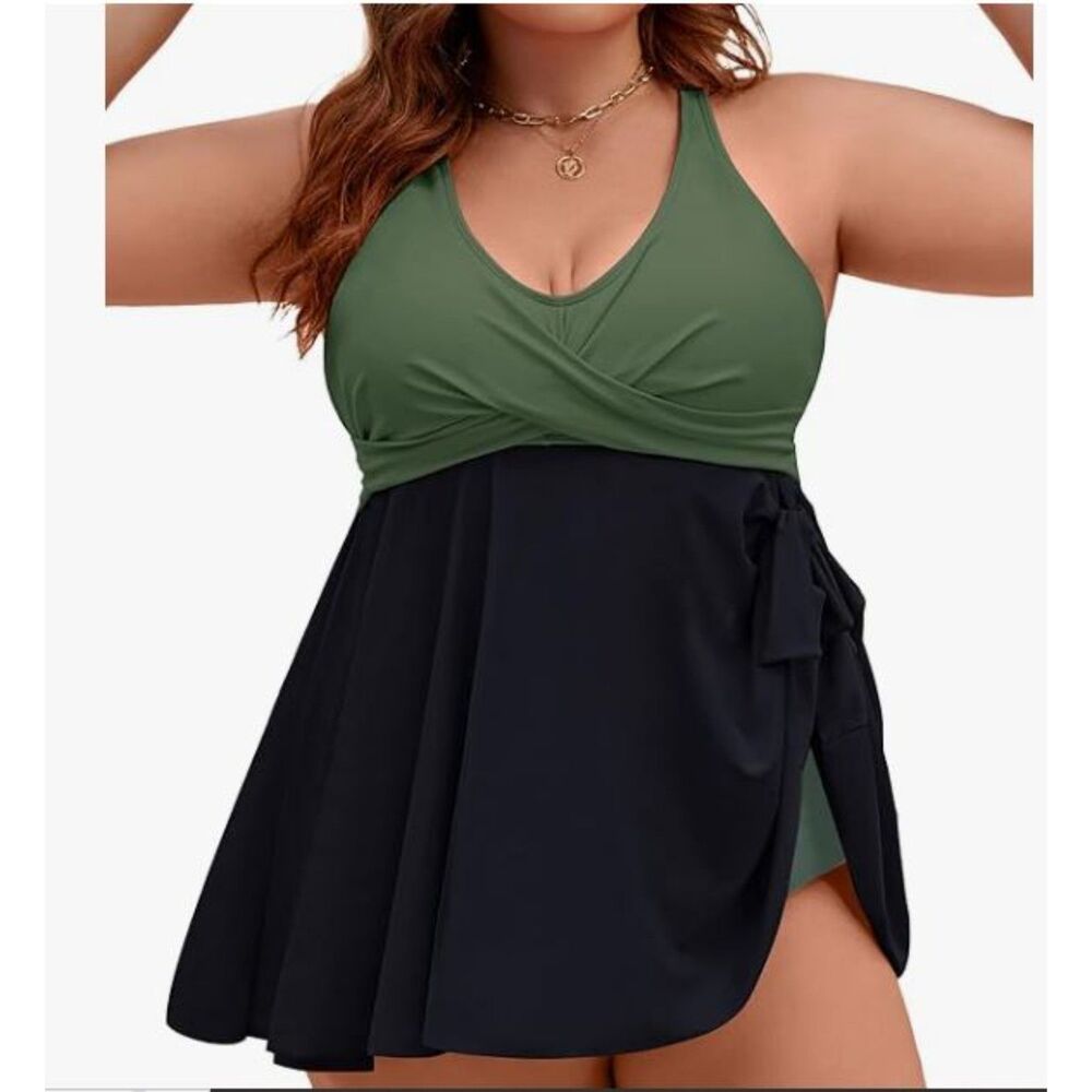 Plus Size Olive Green and Black Swim Dress